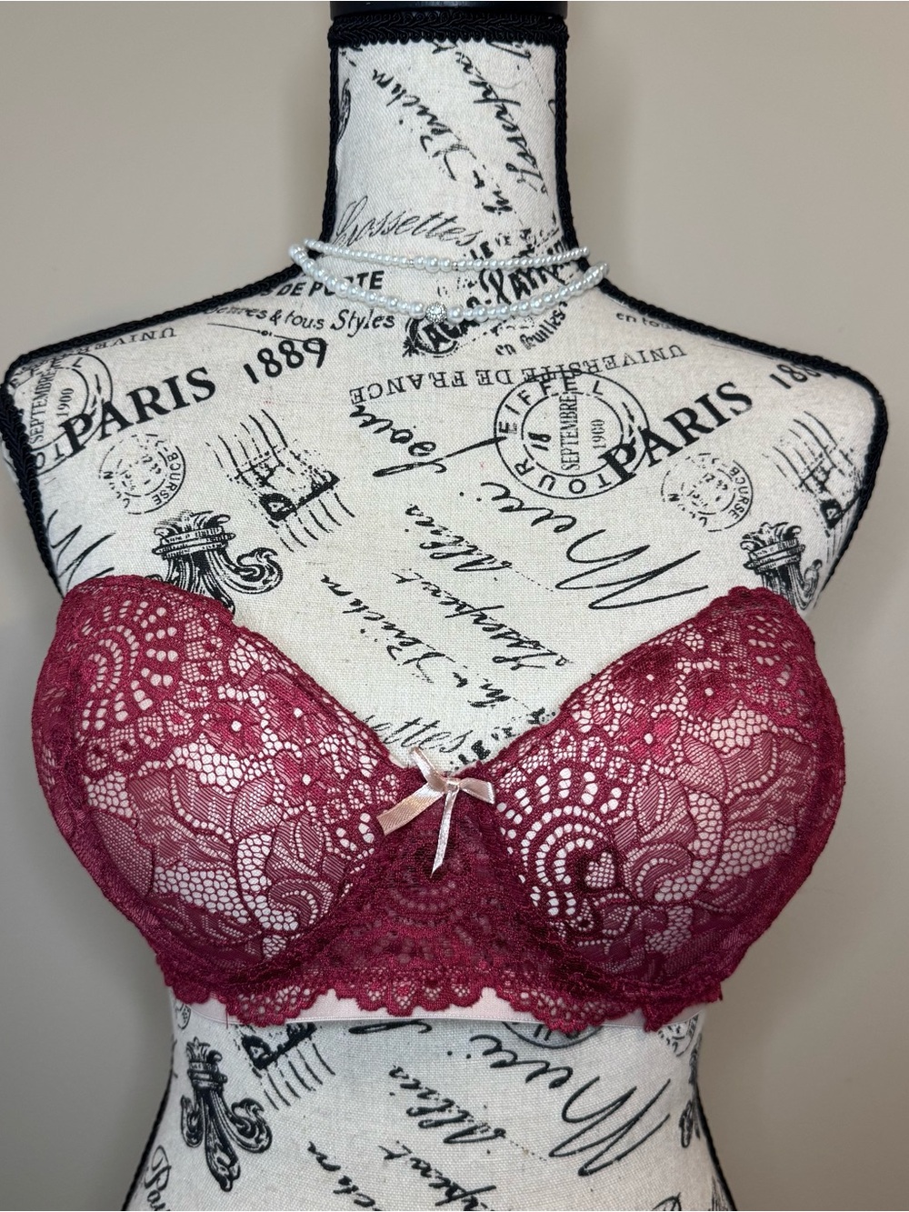 Vintage Lace Underwire Bra in Wine with Pink Bow